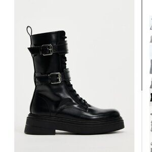 Zara Black Lace-Up Combat Boots with Double Buckle Straps